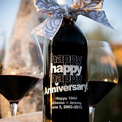 Triple Happy Anniversary Etched Wine